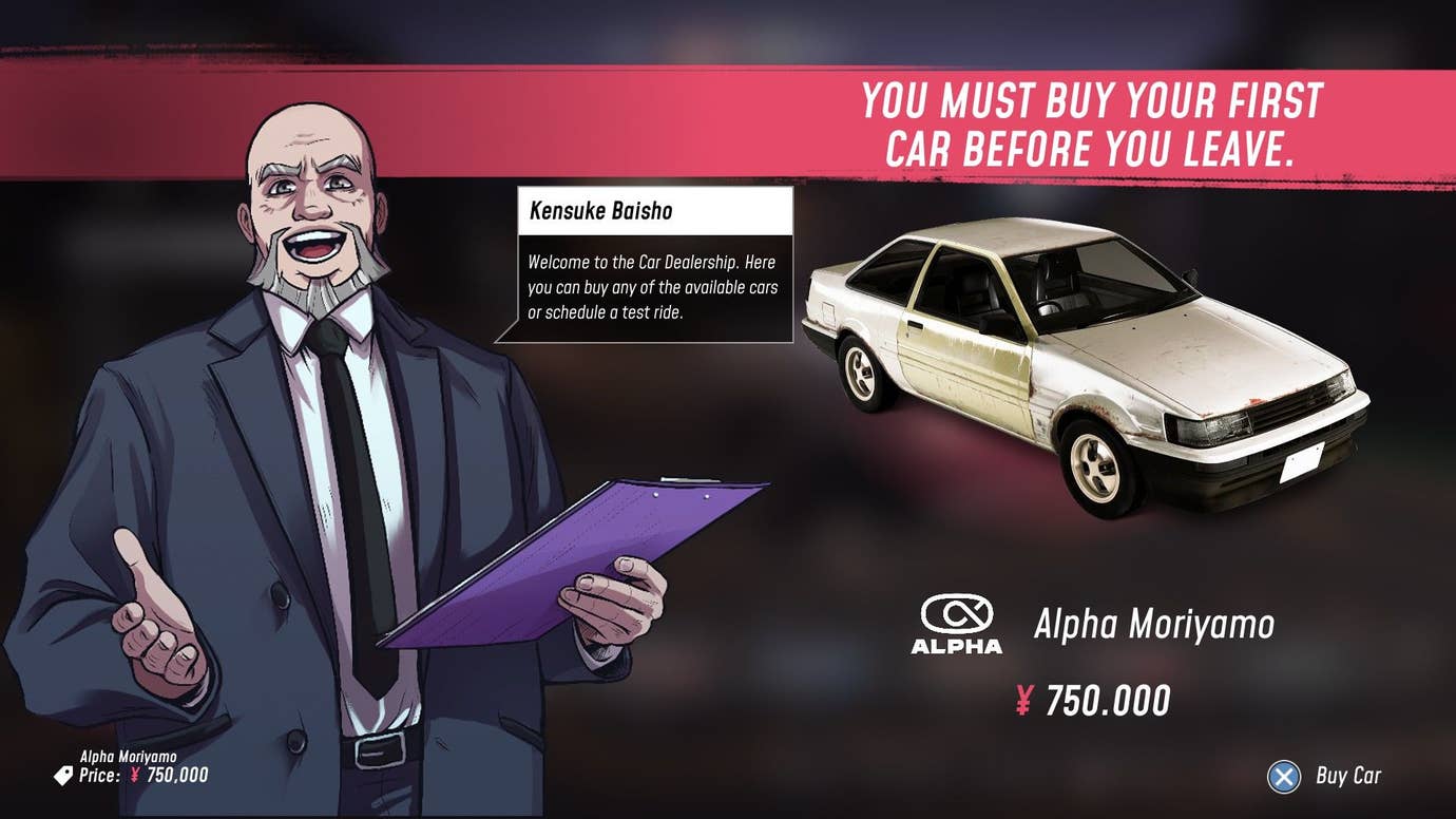 A salesman sells the player the game's starter car - a white